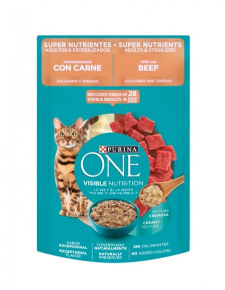 Purina One sobre super nutrientes carne adultos y esterilizados (caja con 24 pz)